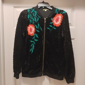 Gianni Bini Monroe Velvet Knit Sequin Jacket Embroidered Floral Glamour Size S